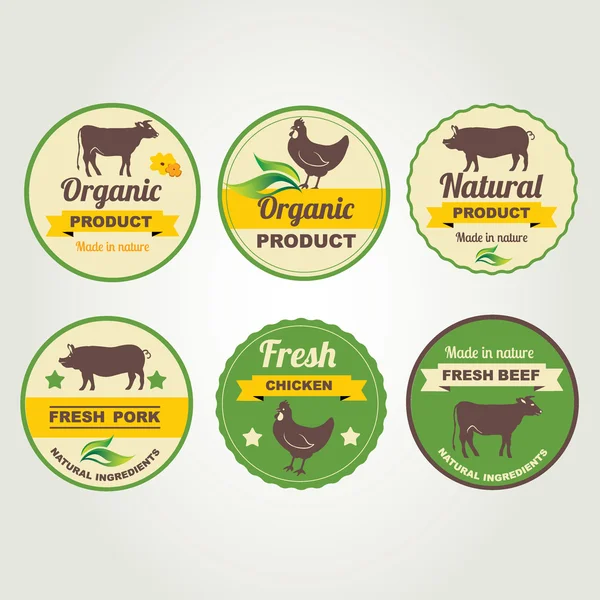 Insignias de carne de vacuno, pollo y cerdo producto ecológico — Vector de stock