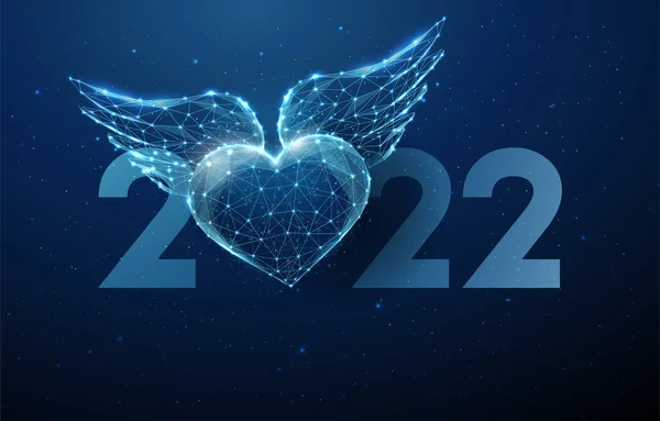 Streszczenie Szczęśliwego Nowego Roku 2022 kartka z latającym niebieskim sercem ze skrzydłami. — Wektor stockowy