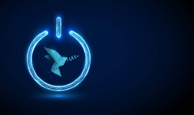 Güç düğmesinin içinde zeytin dalı olan soyut kağıt origami kuşu. Uluslararası barış günü konsepti. Düşük polimerli tasarım Geometrik arkaplan. Işık bağlantısı yapısı Modern 3d grafik vektörü.