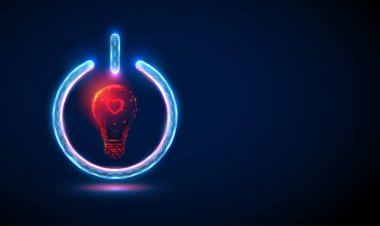 Mavi güç düğmesi şeklinde soyut kırmızı kalp şekli. Düşük polimerli tasarım. Geometrik arkaplan. Kablo çerçeve ışık bağlantı yapısı. Modern 3D grafik. Vektör illüstrasyonu.