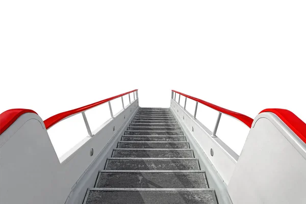 Μεγάλα Σκαλοπάτια Προοπτικής Κάτω Λευκό Διάδρομο Κόκκινες Χειρολαβές Που Απομονώνονται — Φωτογραφία Αρχείου