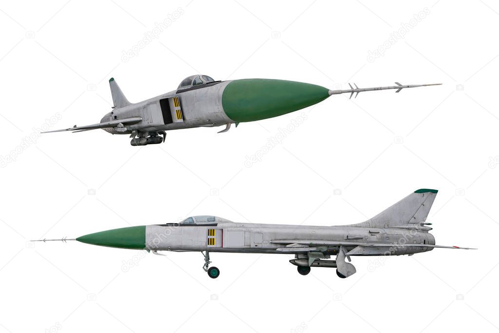 Soviet jet fighter SU15 isolated on white background. Military strike aircraft of World war time. Flagon - NATO codification