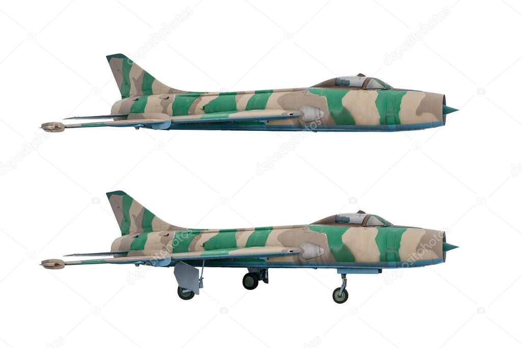 Soviet jet fighter SU7B isolated on white background. Military strike aircraft of World war time. Fitter - NATO codification