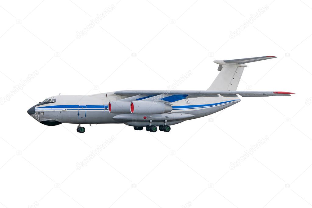 IL-76 military jet. Soviet cargo aircraft Ilyushin IL76T isolated on white background. Candid - NATO codification