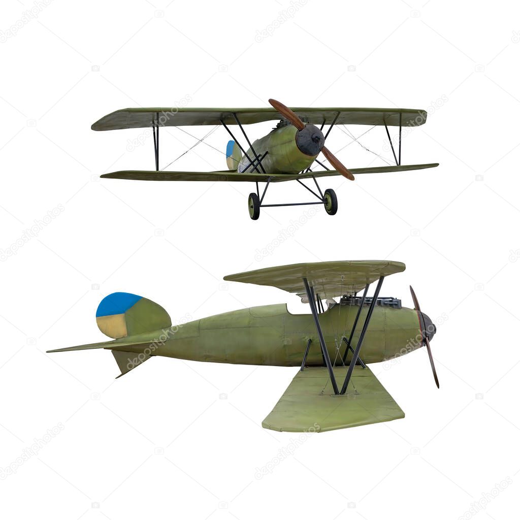 Historic vintage biplane propeller airliner isolated on white background. Military reconnaissance aircraft of World war time