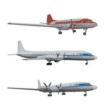 İlk Sovyet turboprop uçağı İlyushin IL-14 IL-18. Yolcu uçağı beyaz arkaplanda izole edildi