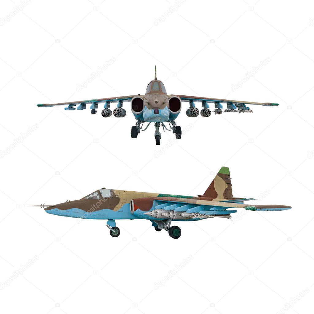 Soviet jet fighter SU25 isolated on white background. Military strike aircraft of World war time. Frogfoot - NATO codification
