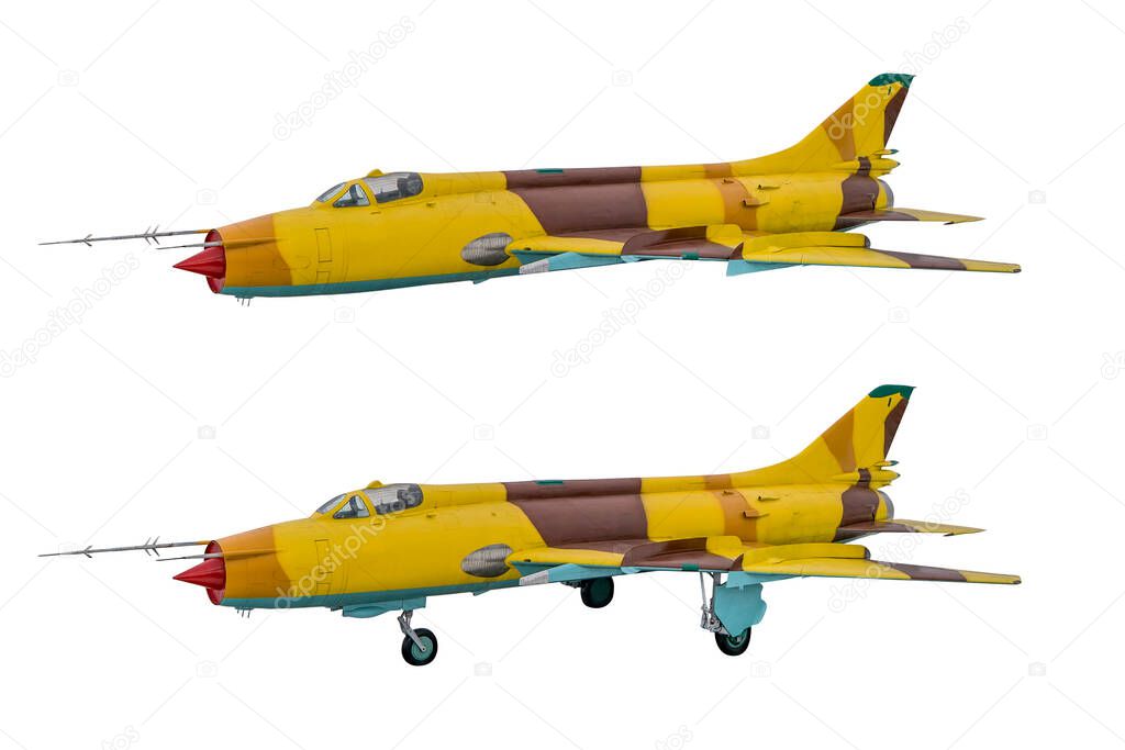 Soviet jet fighter SU20 isolated on white background. Military strike aircraft of World war time