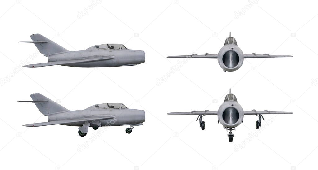 Soviet jet fighter MIG15 isolated on white background. Military strike aircraft of World war time, Fagot - NATO codification