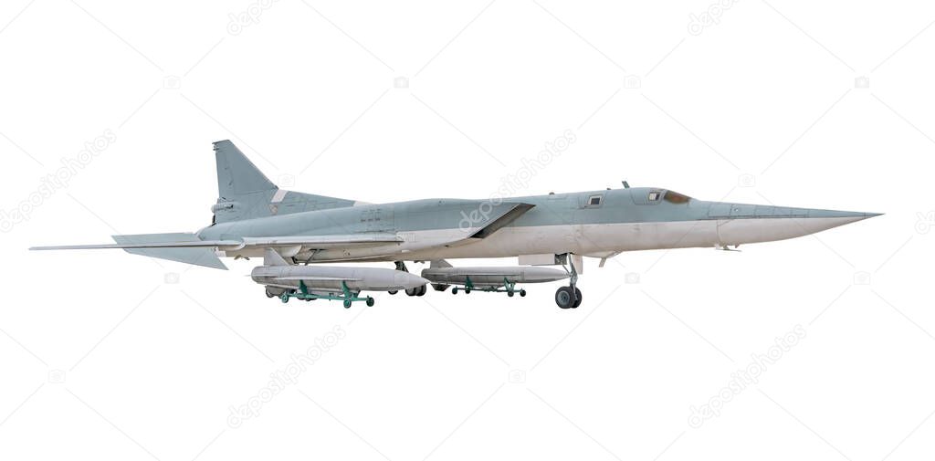 Supersonic missile bomber jet TU-22M3 with missiles isolated on white background. Military fighter aircraft of World war time. Blinder - NATO codification