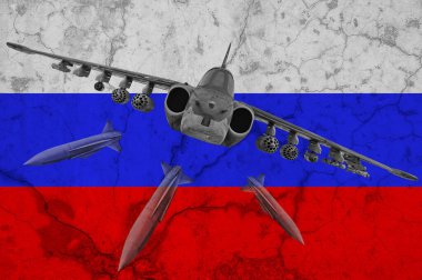 Rusya saldırganı. Süpersonik füze bombardıman uçağının arkasındaki Rus bayrağı. Savaş saldırganlığı çatışma konsepti