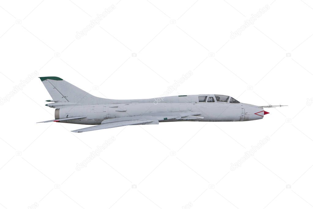 Soviet jet fighter SU17 isolated on white background. Military strike aircraft of World war time. Fitter - NATO codification