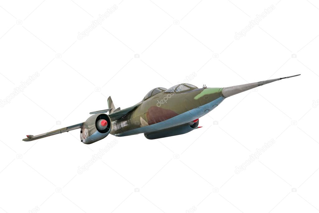 Soviet jet fighter YAK28 isolated on white background. Military strike aircraft of World war time. Brewer - NATO codification