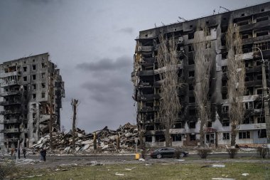 Borodyanka, Kyiv region, Ukraine - 5 April 2022. City after bombing, civilian buildings burnt destroyed by russian occupiers