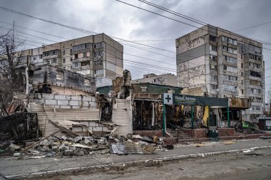 Borodyanka, Kyiv region, Ukraine - 5 April 2022. City after bombing, civilian buildings burnt destroyed by russian occupiers