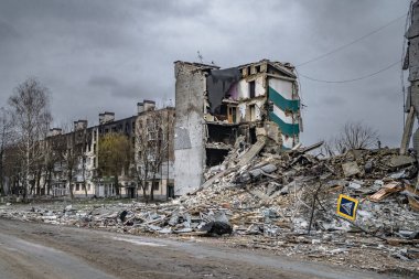 Borodyanka, Kyiv region, Ukraine - 5 April 2022. City after bombing, civilian buildings burnt destroyed by russian occupiers