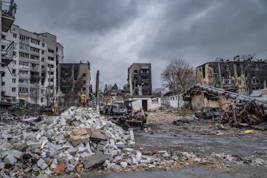 Borodyanka, Kyiv region, Ukraine - 5 April 2022. City after bombing, civilian buildings, burnt cars destroyed by russian occupiers