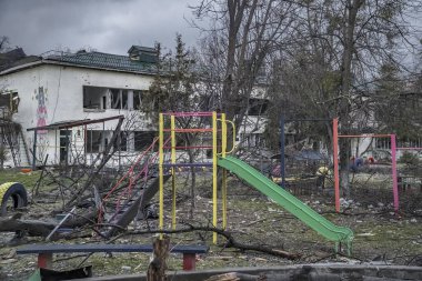 Borodyanka, Kyiv region, Ukraine - 5 April 2022. Civilian city after bombing, shelled kindergarten building by russian occupiers