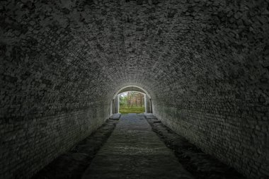 Karanlık tünelin sonundaki ışık. Eski taş altgeçitten yeşil ormana çıkış.