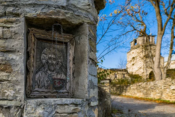 Ancient Orthodox Wood Jesus Christ Icon Stone Wall Old Church — Fotografia de Stock