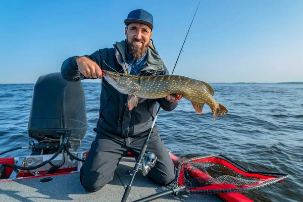 Pike Fishing Successful Fisherman Hold Muskie Fish — Foto Stock