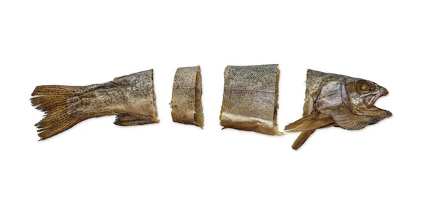 Sliced Smoked Fish Isolated White Dried Kippered Trout Fish — Photo