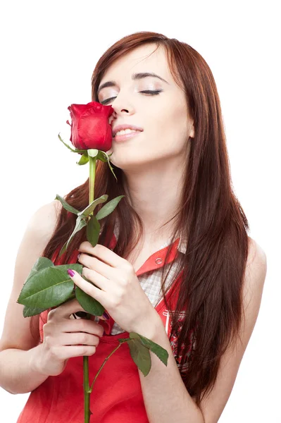 Ragazza con rosa rossa su bianco — Foto Stock