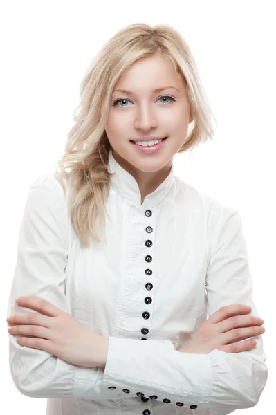 Sorridente giovane donna bionda in camicetta bianca su bianco — Foto Stock