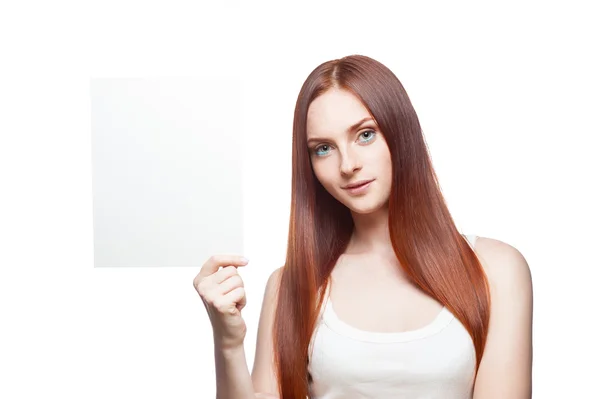 Casual young female with sign on white — Stock Photo, Image