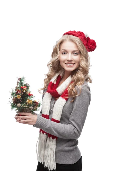 युवा मुस्कुराते हुए महिला क्रिसमस पेड़ पकड़े हुए — स्टॉक फ़ोटो, इमेज