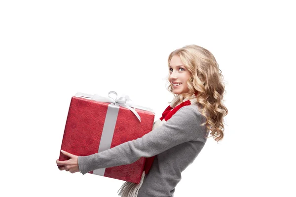 Giovane donna sorridente che tiene regalo di Natale — Foto Stock
