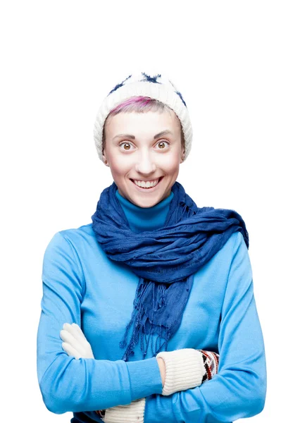 Freaky girl in winter clothing happy smiling Stock Picture