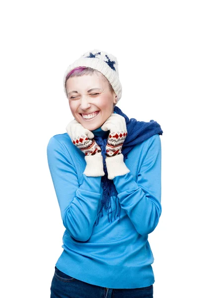 Young cheerful girl in winter clothing on white — Stock Photo, Image