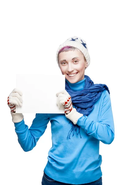 Young cheerful girl with sign on white background — Stock Photo, Image