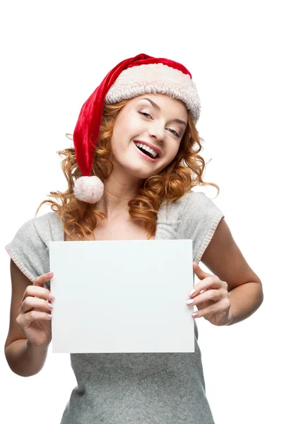 Young cheerful girl holding sign on white — Stock Photo, Image