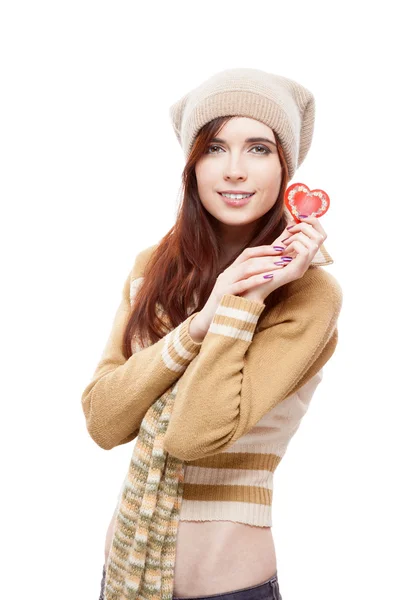 Girl holding red paper heart — Stock Photo, Image