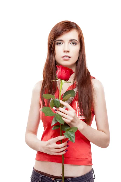 Ragazza che tiene rosa rossa — Foto Stock