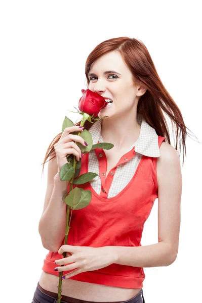 Chica sosteniendo rosa roja —  Fotos de Stock