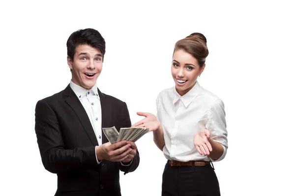 Young smiling business holding money — Stock Photo, Image