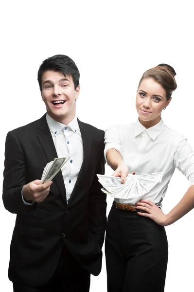 Young happy business holding money — Stock Photo, Image