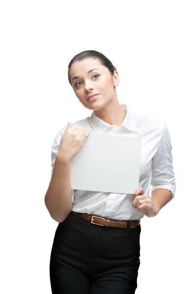 Young thoughtful businesswoman holding sign — Stock Photo, Image