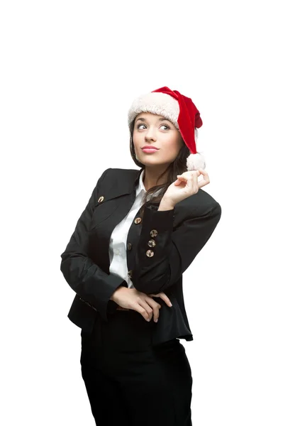 Thoughtful businesswoman in santa hat on white — Stock Photo, Image