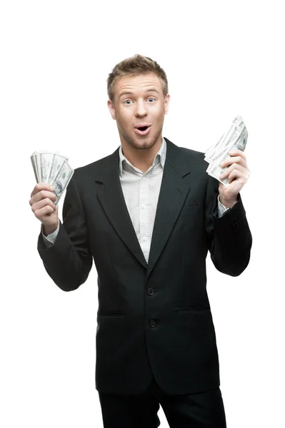 Young funny screaming businessman holding money — Stock Photo, Image