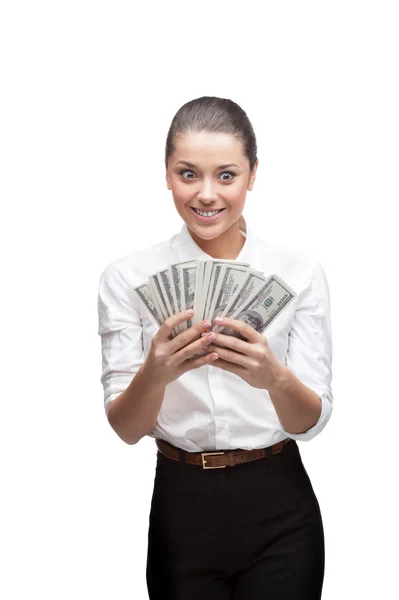 Ung, lystig forretningskvinne som sitter med penger – stockfoto