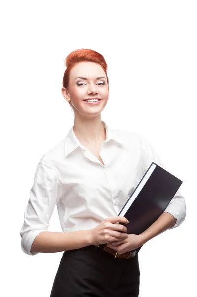 Young smiling business woman holding diary — Stock Photo, Image