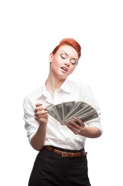 Admiring business woman counting money — Stock Photo, Image