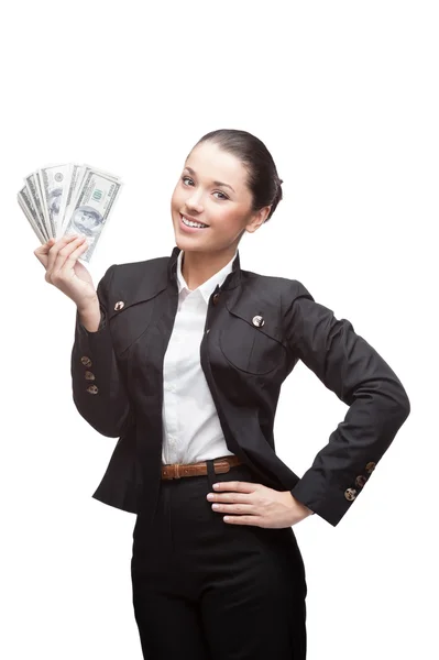 Young cheerful businesswoman holding money — Stock Photo, Image