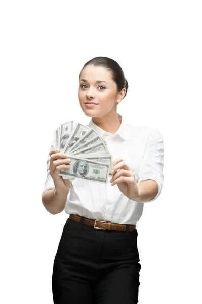 Young cheerful businesswoman holding money — Stock Photo, Image