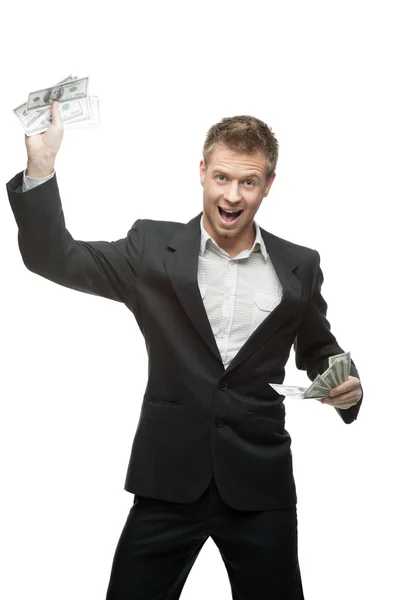 Young screaming businessman holding money — Stock Photo, Image