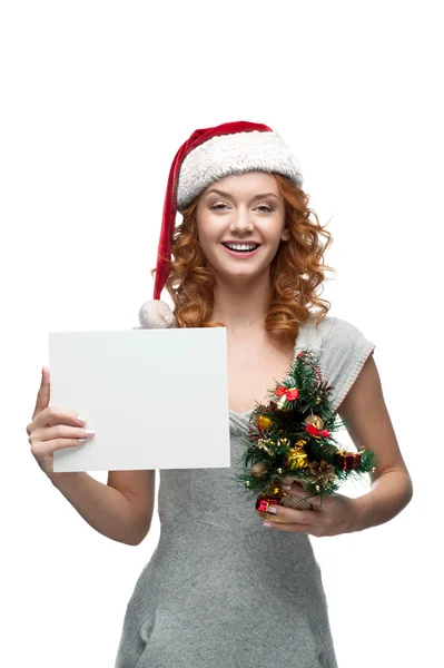 Young cheerful girl holding sign on white — Stock Photo, Image